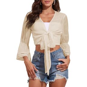 ZAFUL Women's Tie Front Shrug 3/4 Sleeve Casual Lace Cardigan V Neck Summer Lightweight Crop Cover Up Tops