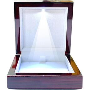 Wooden Jewelry Box with LED Light for Pendant Necklace Gift, 4 x 4 x 1.5 Inches Empty Wood Case White Interior for Special Occasions, 1 Pack, Mahogany