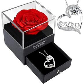 SereneLane Preserved Red Real Rose Necklace Jewelry Box Valentine's Day Christmas Birthday Wedding Anniversary Thanksgiving Gift for Mother Grandma Wife Girlfriend (Red)