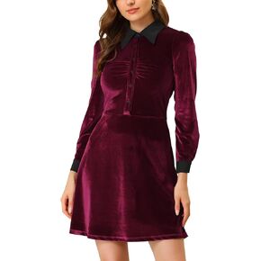 Allegra K Women's Contrast Collar Long Sleeves Casual Fit and Flare Velvet Dress