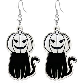 QUPENGXU Kawaii Halloween Cat Earring Wooden Black Cats Dangle Earrings Skeleton Cat Drop Earring For Women Girls