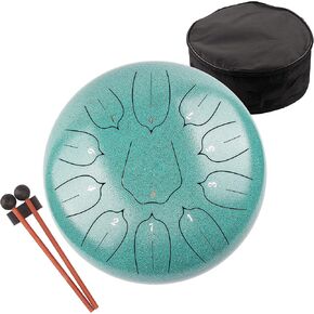 Steel Tongue Drum - 11 Notes 12 inches - Percussion Instrument -Handpan Drum with Bag, Music Book, Mallets, Finger Picks (12", Malachite)