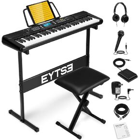 61 Key Keyboard Piano Beginners Full Size Keys, Electronic Keyboard, Complete Electric Keyboard Set, LCD, Headphones, Stand, Stool, Music Rest, Microphone, Built-In Speakers, 3 Teaching Modes
