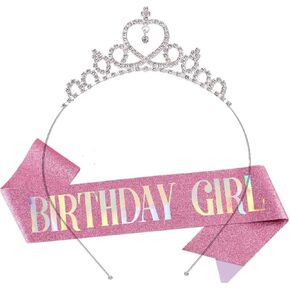 MUYEE ''Birthday Girl'' Headband & Sash Sets,Birthday Gifts for Girl Women, Rhinestone Tiara Crown for Girl's Birthday Decor
