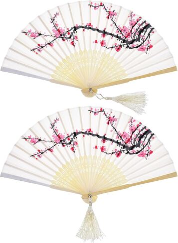 2 Pieces Folding Fans Handheld Fans Bamboo Fans with Tassel Women's Hollowed Bamboo Hand Holding Fans for Wall Decoration, Gifts (Blue Peach Blossom and Purple Cherry Pattern) in Saudi Arabia