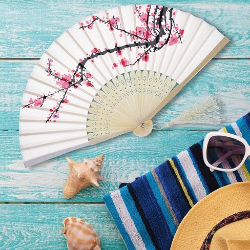 2 Pieces Folding Fans Handheld Fans Bamboo Fans with Tassel Women's Hollowed Bamboo Hand Holding Fans for Wall Decoration, Gifts (Blue Peach Blossom and Purple Cherry Pattern) in Saudi Arabia