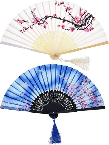 2 Pieces Folding Fans Handheld Fans Bamboo Fans with Tassel Women's Hollowed Bamboo Hand Holding Fans for Wall Decoration, Gifts (Blue Peach Blossom and Purple Cherry Pattern) in Saudi Arabia