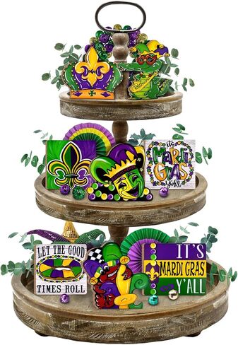 uruney mardi gras ديكور صينية متدرجة، ديكورات صينية مزرعة الكرنفال، قناع جراد التمساح فلور دي ليز الخرز تاج علامات خشبية، ريفي ماردي غرا ديكورات المنزل لحفلة رف الطاولة in Kuwait