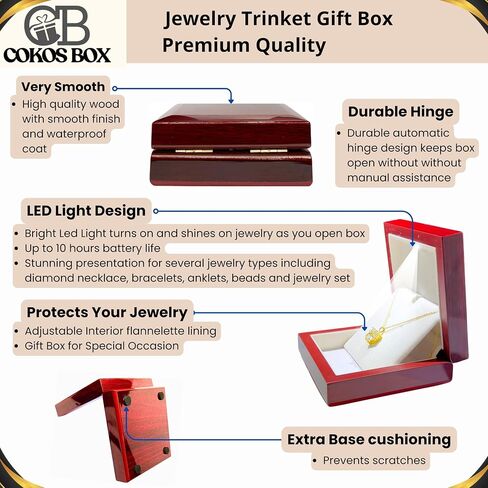Wooden Jewelry Box with LED Light for Pendant Necklace Gift, 4 x 4 x 1.5 Inches Empty Wood Case White Interior for Special Occasions, 1 Pack, Mahogany in Saudi Arabia