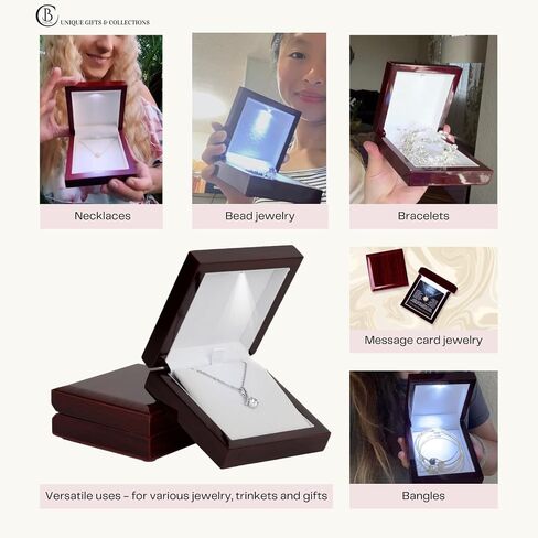 Wooden Jewelry Box with LED Light for Pendant Necklace Gift, 4 x 4 x 1.5 Inches Empty Wood Case White Interior for Special Occasions, 1 Pack, Mahogany in Saudi Arabia