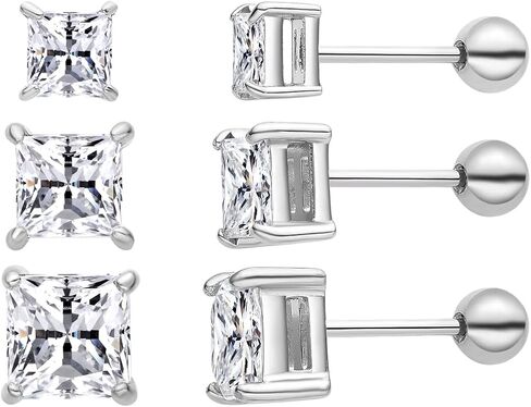 3 Pairs Surgical Stainless Steel Screw Back Stud Earrings, Heart Square Princess Cut Horse Eye Teardrop Triangle Cubic Zirconia Stud Earrings Set in Saudi Arabia