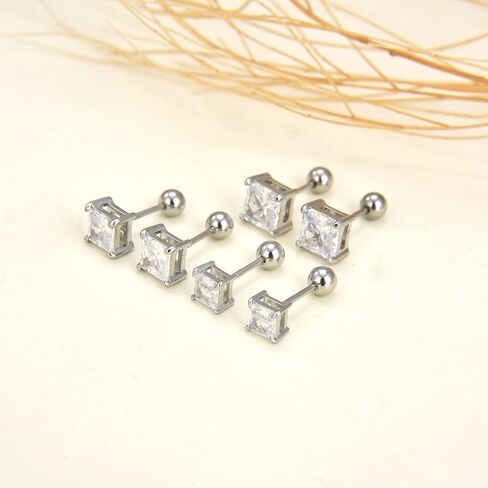 3 Pairs Surgical Stainless Steel Screw Back Stud Earrings, Heart Square Princess Cut Horse Eye Teardrop Triangle Cubic Zirconia Stud Earrings Set in Saudi Arabia