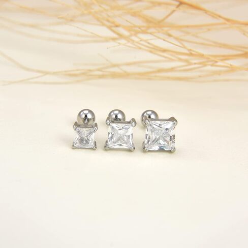3 Pairs Surgical Stainless Steel Screw Back Stud Earrings, Heart Square Princess Cut Horse Eye Teardrop Triangle Cubic Zirconia Stud Earrings Set in Saudi Arabia