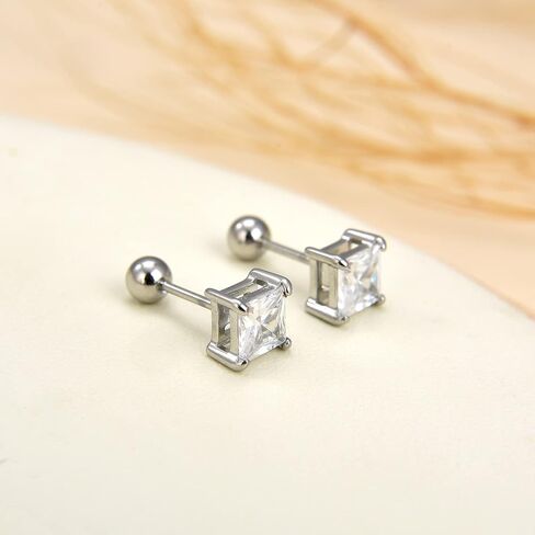 3 Pairs Surgical Stainless Steel Screw Back Stud Earrings, Heart Square Princess Cut Horse Eye Teardrop Triangle Cubic Zirconia Stud Earrings Set in Saudi Arabia