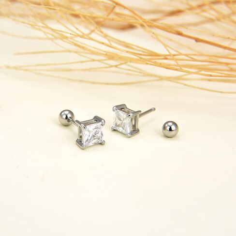3 Pairs Surgical Stainless Steel Screw Back Stud Earrings, Heart Square Princess Cut Horse Eye Teardrop Triangle Cubic Zirconia Stud Earrings Set in Saudi Arabia