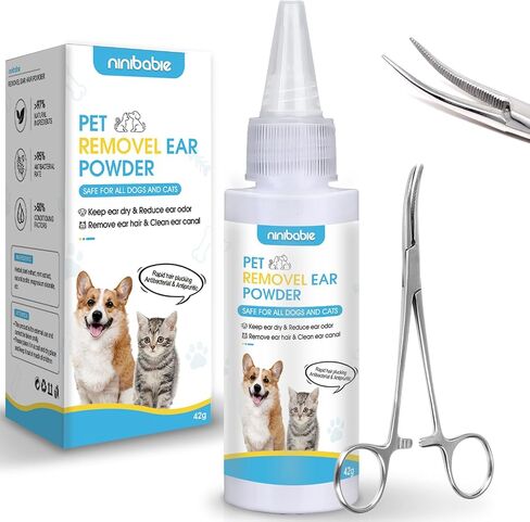 Ninibabie Dog Ear Cleaner,Dog Ear Powder for Hair Removal 42g,Dog Ear Infection Treatment with Pet Ear/Nose Hair Puller Grooming Hemostat,Remove Ear Wax&Odor in Pets in Saudi Arabia