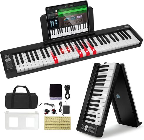 VEVOR Bluetooth & MIDI، بيانو رقمي إلكتروني محمول قابل للطي مع حقيبة دواسة مستدامة تعمل باللمس، قابلة لإعادة الشحن للمبتدئين والمراهقين والبالغين، 88 مفتاحًا أبيض (BX-20) in Saudi Arabia
