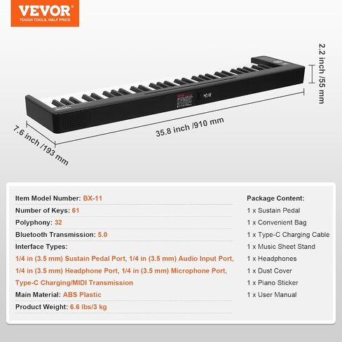 VEVOR Bluetooth & MIDI، بيانو رقمي إلكتروني محمول قابل للطي مع حقيبة دواسة مستدامة تعمل باللمس، قابلة لإعادة الشحن للمبتدئين والمراهقين والبالغين، 88 مفتاحًا أبيض (BX-20) in Saudi Arabia