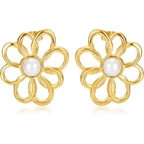 YADUDA Fan Shaped Gold Stud Earrings Thick 18K Gold Plated Stud Earrings Boho Vintage Earrings Enamel Earring Hypoallergenic (Black, Beige, Blue, Red)