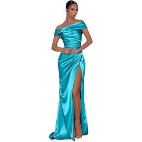 FuzhBeii Satin Mermaid Prom Dress Off The Shoulder Bridesmaid Dresses with Slit Ruched Corset Formal Evening Gowns B028