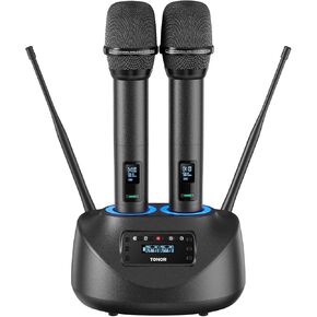 TONOR Rechargeable Wireless Microphone, Metal Dual UHF Handheld Microphone System, Cordless Mic with Bluetooth Receiver, UHF 262ft Range for Home Karaoke, Church, Party, DJ, Wedding TW790, Dark Grey