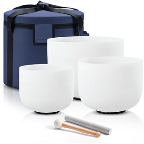 440HZ Sound Healing 8''-12'' Set of 3 Crystal Singing Bowls, Frosted Chakra Quartz Crystal Sound Bowl With Carry Bags 8'' A 10'' C 12'' F