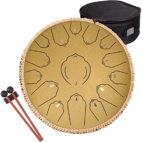 Steel Tongue Drum,15 Notes 13 inch C-Key Handpan Percussion Instrument,for Meditation, Decompression, Music and Gift (Gold)