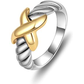 Cross Rings for Women, Chunky Silver Statement Rings Index Finger Big Antique Gold Rings Vintage 2 Tone Punk 14K Gold Plated Ring Twine Intertwined Wide Band Costume Jewelry