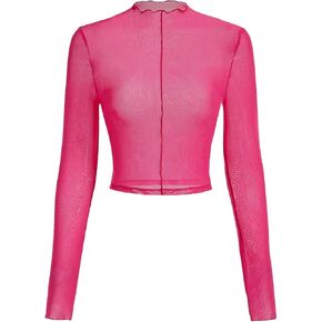 Floerns Women's Long Sleeves Mesh Sheer Mock Neck Crop Tops Tee