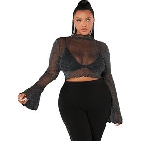 Floerns Women's Long Sleeves Mesh Sheer Mock Neck Crop Tops Tee in Saudi Arabia