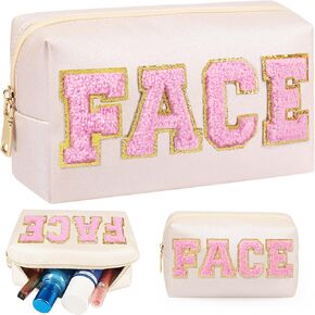 JOINDO Large Capacity Travel Cosmetic Bag, Chenille Letter Preppy Makeup Bag, PU Leather Open Flat Toiletry Bag Organizer with Divider and Handle, Portable Waterproof Makeup Bag for Women