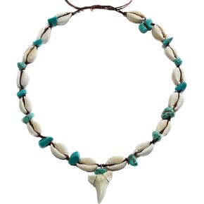 Genuine Mako Shark Tooth, Cowrie Shells, Turquoise Beads Necklace Handmade Jewelry for Men Women Boys Girls EA389-N
