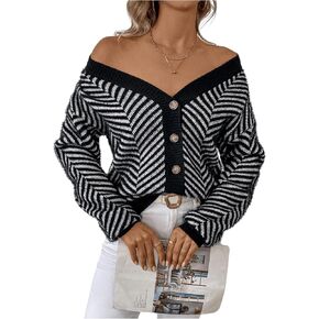 SHENHE Women's Striped Button Up Cardigan V Neck Drop Shoulder Casual Cardigan