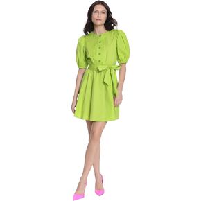 Donna Morgan Women's Puff Sleeve Pintuck Placket Mini Dress with Waist Tie