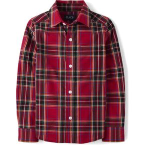 The Children's Place Boys' Long Sleeve Poplin Button Up Shirt, Blue Yellow Plaid, Large