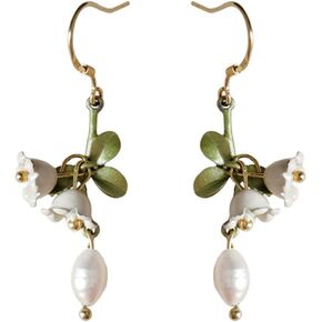 Lily of the Valley Flower Earrings for Women Girls Gold Plated Hypoallergenic Adorable Fairy White Lily Imitate Pearl Flowers Green Leaf Tassel Long Dangle Drop Earrings for Wedding Bride Valentine Holiday Festival Jewelry Gifts