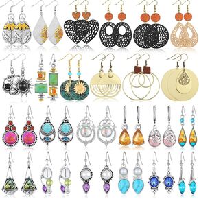 Landical 24 Pairs Boho Dangle Earrings Wooden Vintage Retro Hollow out Circle Earrings Alloy Ethnic Style Lightweight Geometric Earrings for Women Girls