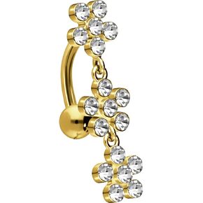 ثقب البطن من الفولاذ الجراحي 316L من PIERCINGLINE 316L متدلي بتصميم نحاسي 3 زهور كريستالية خاتم السرة ثقب البطن 14G in Kuwait