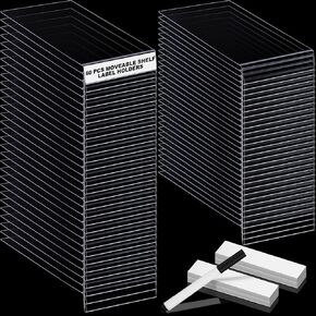 Containlol 60 Sets Moveable Shelf Label Holders with Labels, Clear Shelf Tags Library Shelf Markers Shelf Label Display Holders for Library Book Shelves, Labels Included(6.5 x 3 x 0.63 Inch)