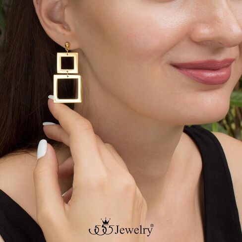 555Jewelry Stainless Steel Double Square Dangle Drop Earrings for Women & Girls in Saudi Arabia
