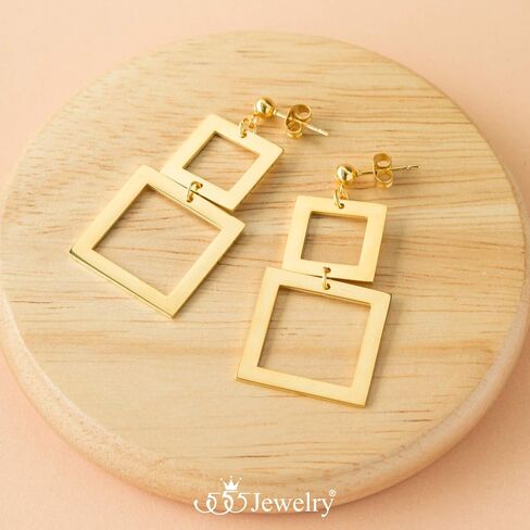 555Jewelry Stainless Steel Double Square Dangle Drop Earrings for Women & Girls in Saudi Arabia
