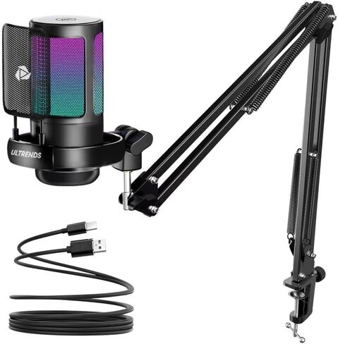 ULTRENDS Gaming Microphone for PC Computer, USB Streaming Condenser Mic Kit with RGB, Quick Mute, Gain Knob, Boom Arm Stand, Pop Filter for Podcasts YouTube Dynamic Studio Recording Broadcasting in Saudi Arabia