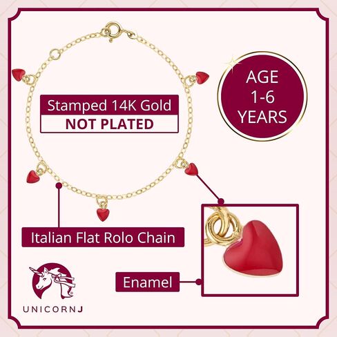 UNICORNJ 14k Yellow Gold Enamel Mini Heart Bracelet Vertical Stacked 5 Heart Station for Girls Kids Babies Made in Italy 5.25" in Saudi Arabia