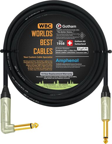 18 Foot - Gotham GAC-1 Ultra Pro (Black) - Premium, Low-Capacitance (21 pf/F) Guitar Bass Instrument Cable - Amphenol QM2R-AU & QM2P-AU ¼ Inch (6.35mm) Gold TS Connectors in Saudi Arabia