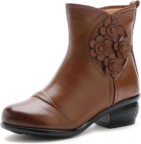 Women's Leather Mid Calf Boots Ethnic Floral Round Toe Block Low Heel Ankle Booties with Side Zipper in Saudi Arabia