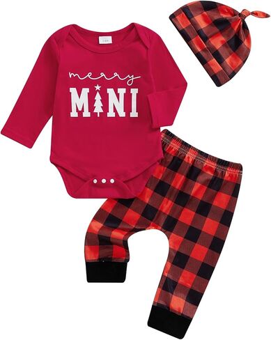 Arvbitana Newborn Baby Boy Girl Christmas Clothes Set Long Sleeve Sweatshirt Romper+Long Pants+Hat Red Black Plaid Outfits in Saudi Arabia