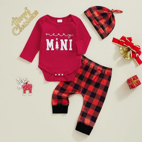 Arvbitana Newborn Baby Boy Girl Christmas Clothes Set Long Sleeve Sweatshirt Romper+Long Pants+Hat Red Black Plaid Outfits in Saudi Arabia