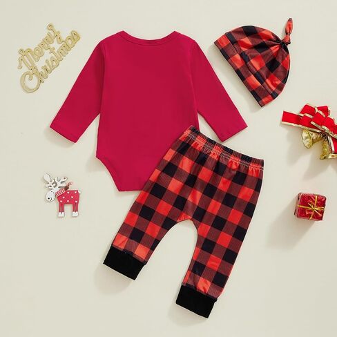 Arvbitana Newborn Baby Boy Girl Christmas Clothes Set Long Sleeve Sweatshirt Romper+Long Pants+Hat Red Black Plaid Outfits in Saudi Arabia