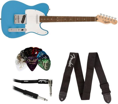 Squier Sonic Telecaster Electric Guitar California Blue, Laurel Fingerboard Bundle with Fender Logo Guitar Strap Black, Fender 12-Pack Celluloid Picks, and Straight/Angle Instrument Cable in Saudi Arabia