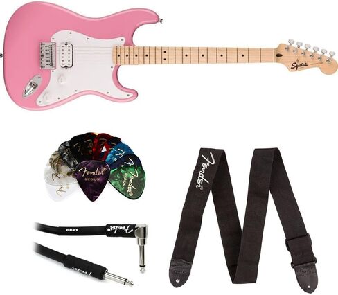 جيتار كهربائي Squire Sonic Stratocaster HT H، حزمة وردية فلاش مع حزام جيتار بشعار Fender أسود، مجموعة من 12 قطعة من السيليلويد من Fender، وكابل أداة مستقيمة/زاوية in Saudi Arabia